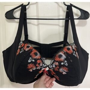 Cacique Lightly Lined Plunge Bra Black Lace Floral Embroidered Underwired‎ 46DDD